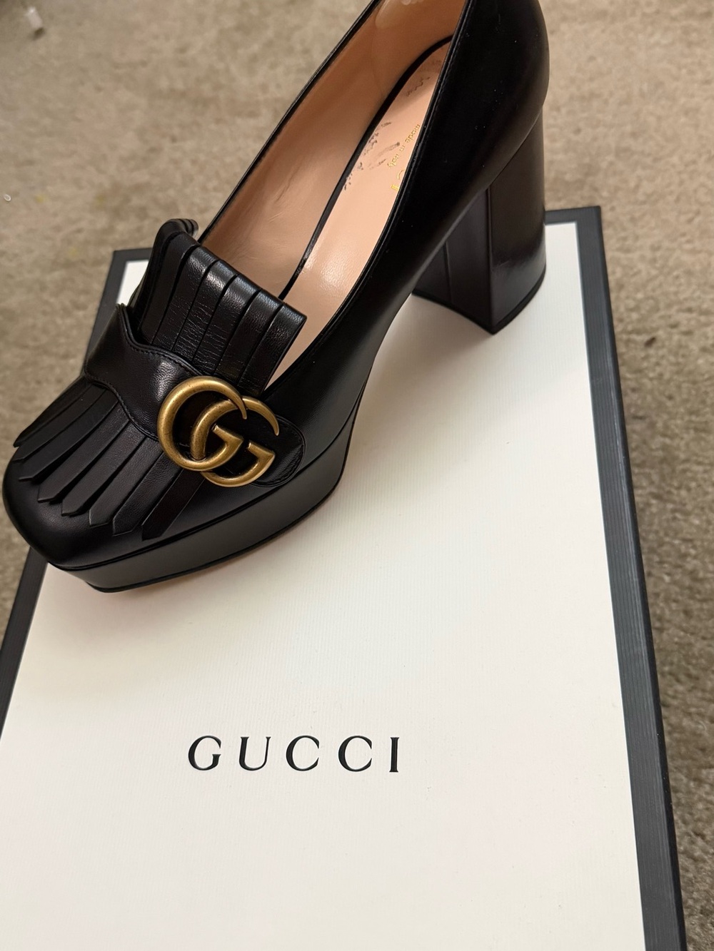 Gucci Black Leather Platform Kiltie Pump with Antique Gold Double G